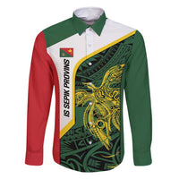 Personalised PNG East Sepik Province Family Matching Off Shoulder Short Dress and Hawaiian Shirt Bird of Paradise Tattoo Flag Motif LT9 Dad's Shirt - Long Sleeve Green - Polynesian Pride