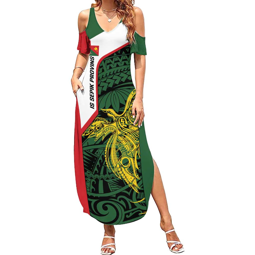 Personalised PNG East Sepik Province Family Matching Summer Maxi Dress and Hawaiian Shirt Bird of Paradise Tattoo Flag Motif LT9 Mom's Dress Green - Polynesian Pride
