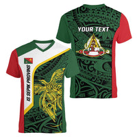 Personalised PNG East Sepik Province Women V-Neck T-Shirt Bird of Paradise Tattoo Flag Motif - Polynesian Pride
