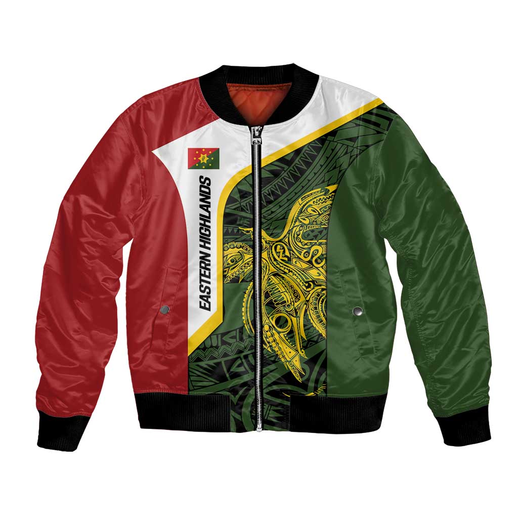 Personalised PNG Eastern Highlands Bomber Jacket Bird of Paradise Tattoo Flag Motif LT9 Unisex Green - Polynesian Pride