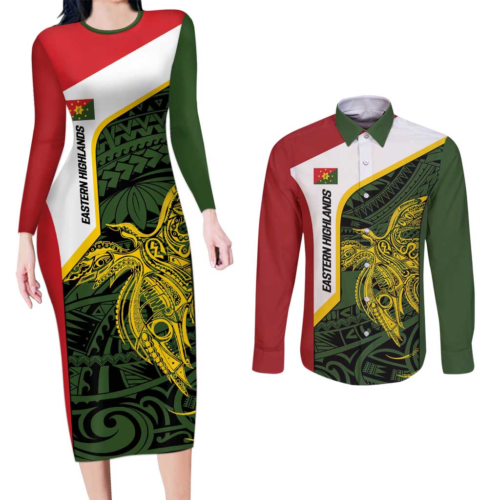 Personalised PNG Eastern Highlands Couples Matching Long Sleeve Bodycon Dress and Long Sleeve Button Shirt Bird of Paradise Tattoo Flag Motif - Polynesian Pride