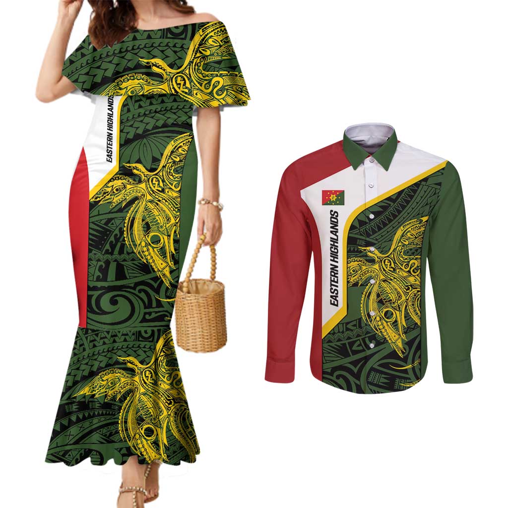 Personalised PNG Eastern Highlands Couples Matching Mermaid Dress and Long Sleeve Button Shirt Bird of Paradise Tattoo Flag Motif LT9 Green - Polynesian Pride