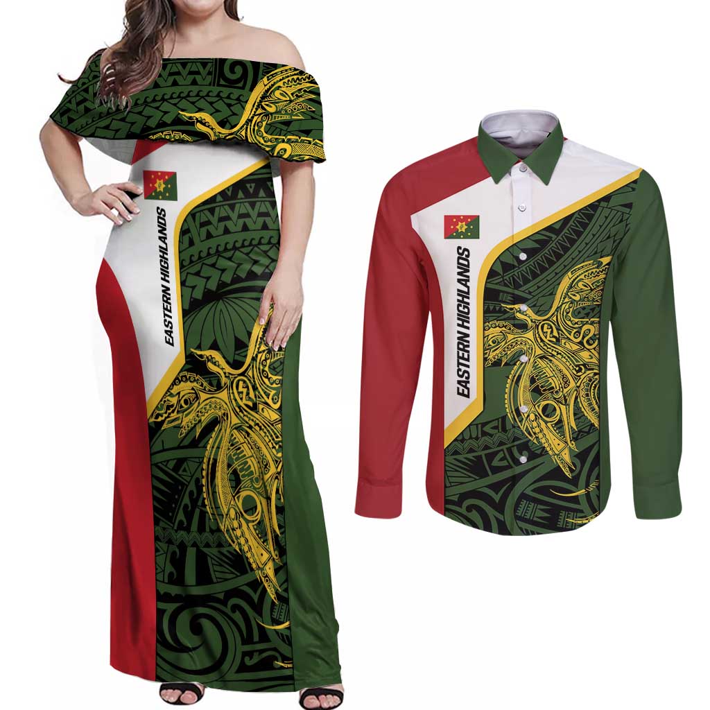 Personalised PNG Eastern Highlands Couples Matching Off Shoulder Maxi Dress and Long Sleeve Button Shirt Bird of Paradise Tattoo Flag Motif LT9 Green - Polynesian Pride