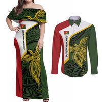 Personalised PNG Eastern Highlands Couples Matching Off Shoulder Maxi Dress and Long Sleeve Button Shirt Bird of Paradise Tattoo Flag Motif - Polynesian Pride