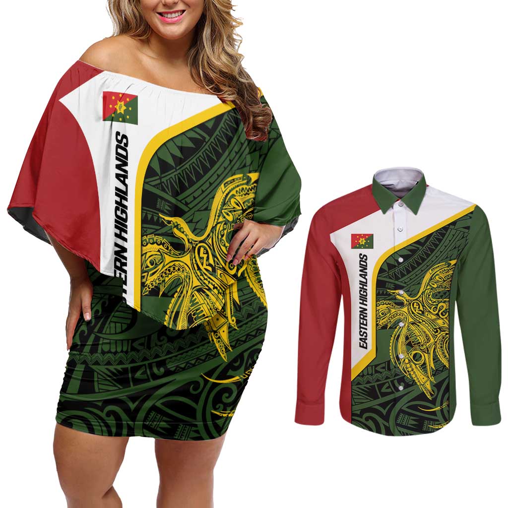 Personalised PNG Eastern Highlands Couples Matching Off Shoulder Short Dress and Long Sleeve Button Shirt Bird of Paradise Tattoo Flag Motif - Polynesian Pride