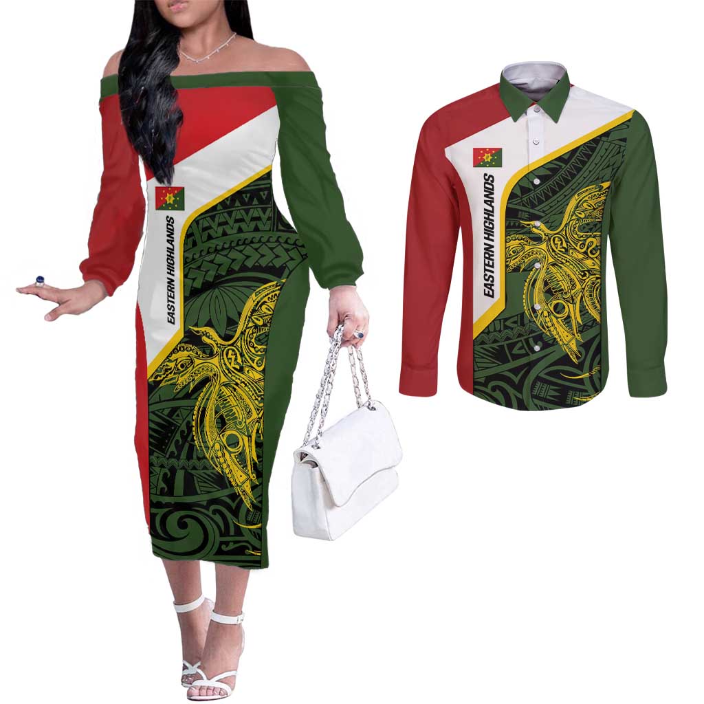 Personalised PNG Eastern Highlands Couples Matching Off The Shoulder Long Sleeve Dress and Long Sleeve Button Shirt Bird of Paradise Tattoo Flag Motif LT9 Green - Polynesian Pride