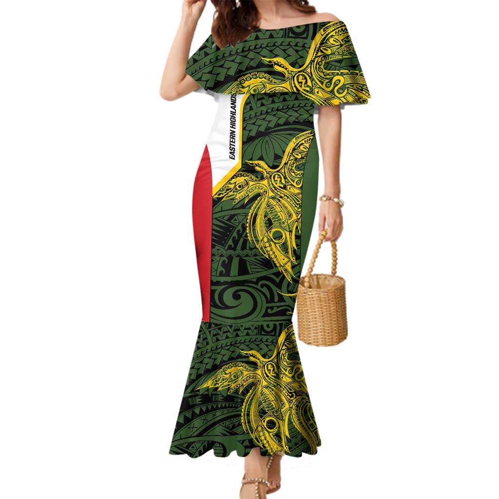 Personalised PNG Eastern Highlands Family Matching Mermaid Dress and Hawaiian Shirt Bird of Paradise Tattoo Flag Motif - Polynesian Pride