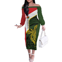 Personalised PNG Eastern Highlands Family Matching Off The Shoulder Long Sleeve Dress and Hawaiian Shirt Bird of Paradise Tattoo Flag Motif - Polynesian Pride