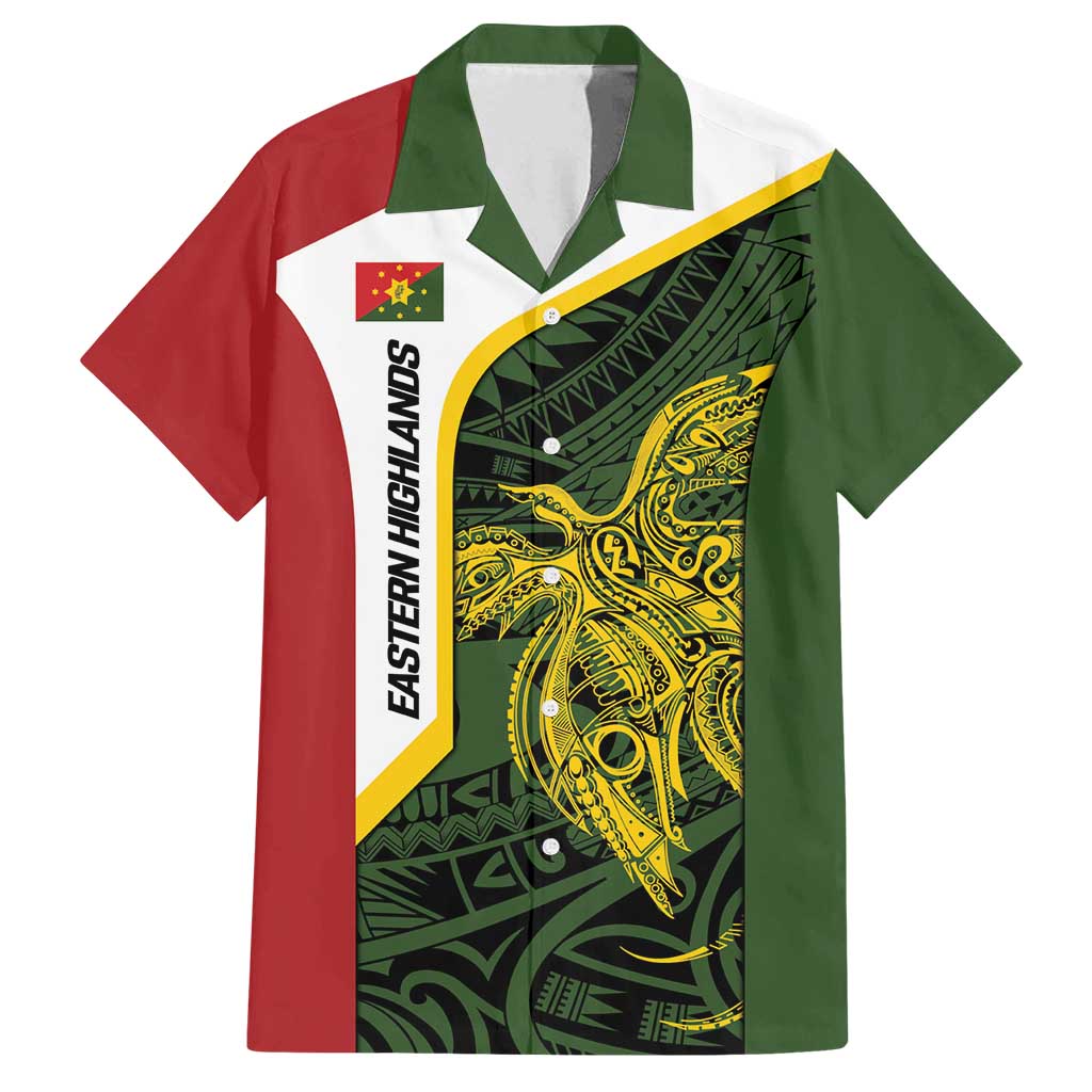 Personalised PNG Eastern Highlands Family Matching Off Shoulder Short Dress and Hawaiian Shirt Bird of Paradise Tattoo Flag Motif LT9 Dad's Shirt - Short Sleeve Green - Polynesian Pride