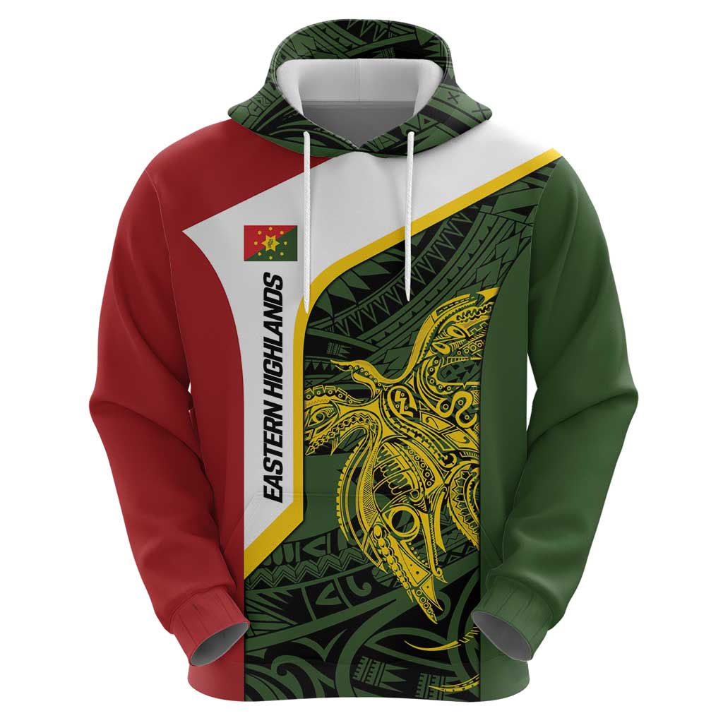 Personalised PNG Eastern Highlands Hoodie Bird of Paradise Tattoo Flag Motif - Polynesian Pride