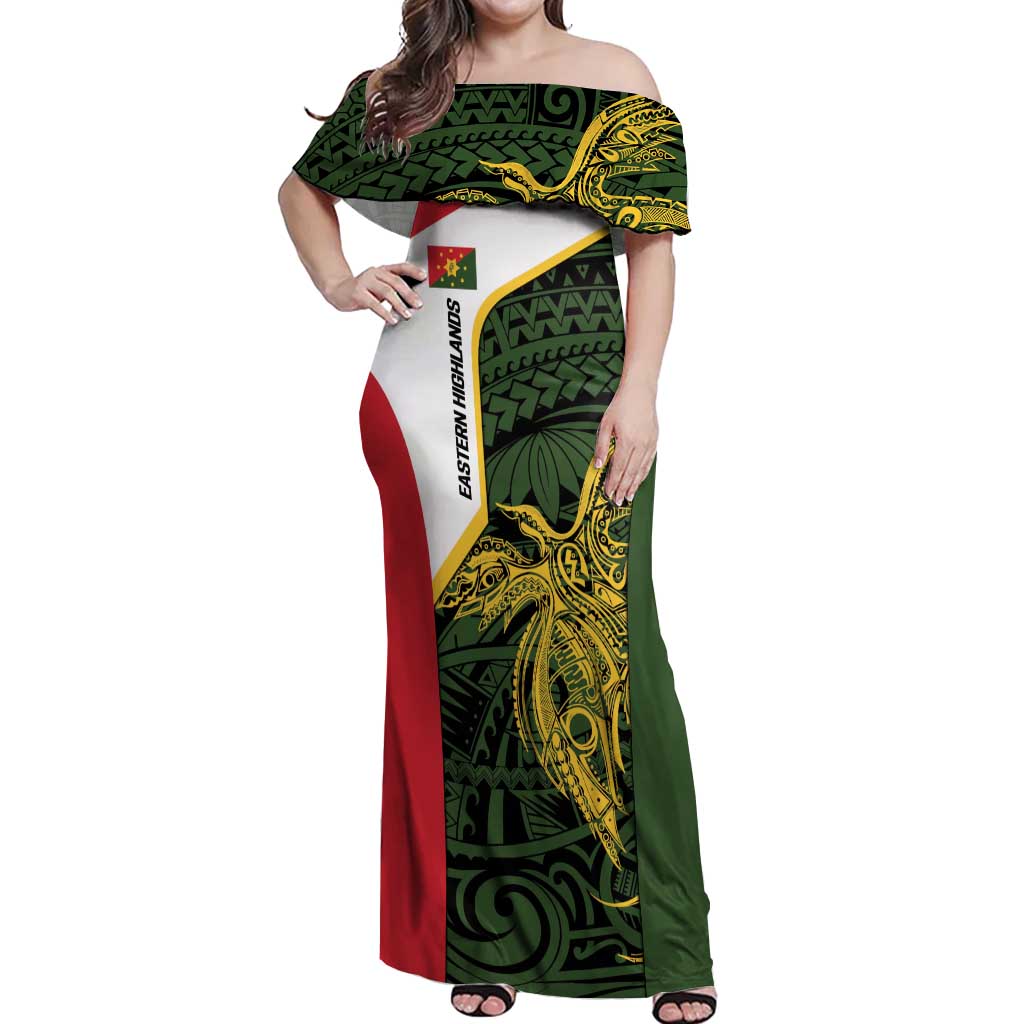 Personalised PNG Eastern Highlands Off Shoulder Maxi Dress Bird of Paradise Tattoo Flag Motif - Polynesian Pride