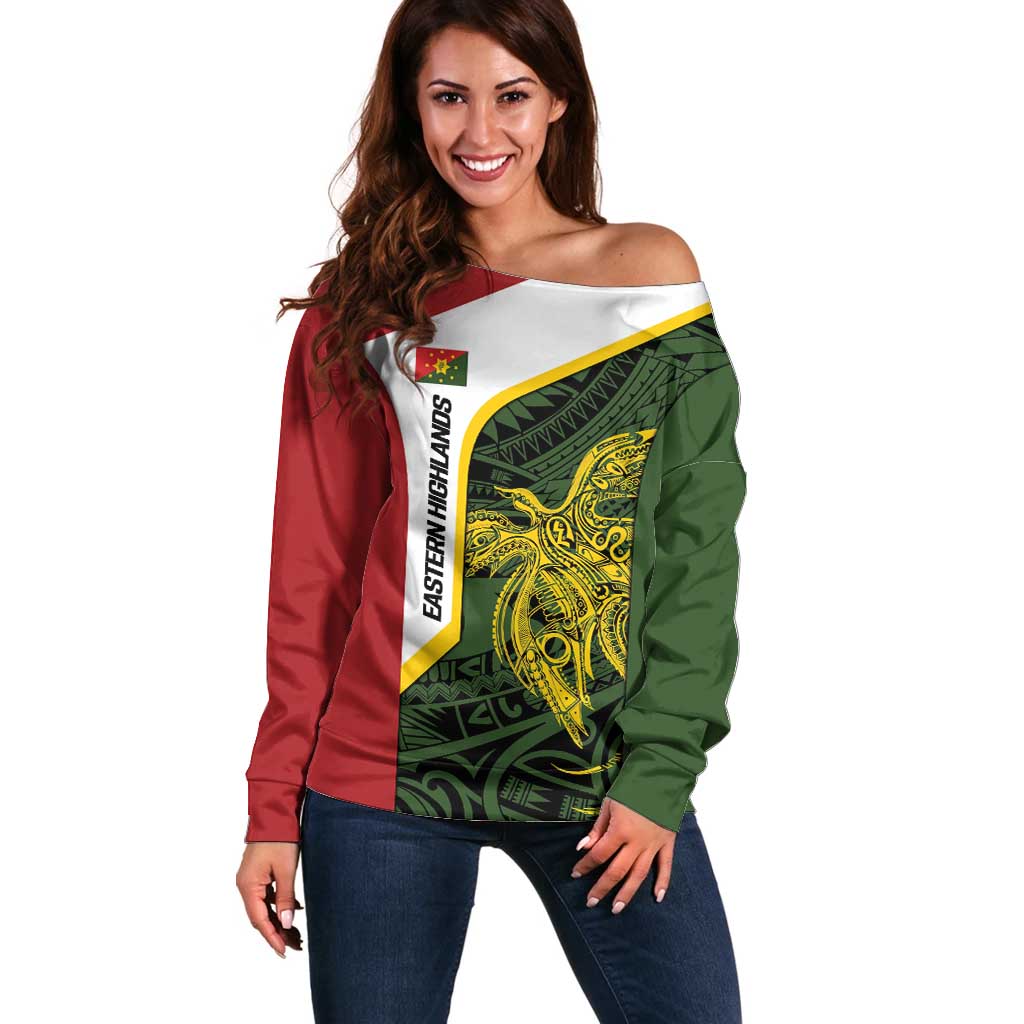 Personalised PNG Eastern Highlands Off Shoulder Sweater Bird of Paradise Tattoo Flag Motif - Polynesian Pride