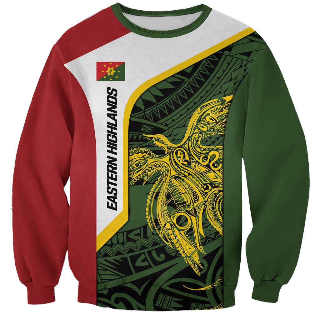 Personalised PNG Eastern Highlands Sweatshirt Bird of Paradise Tattoo Flag Motif LT9 Unisex Green - Polynesian Pride