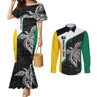Personalised PNG Enga Province Couples Matching Mermaid Dress and Long Sleeve Button Shirt Bird of Paradise Tattoo Flag Motif - Polynesian Pride