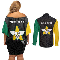 Personalised PNG Enga Province Couples Matching Off Shoulder Short Dress and Long Sleeve Button Shirt Bird of Paradise Tattoo Flag Motif - Polynesian Pride