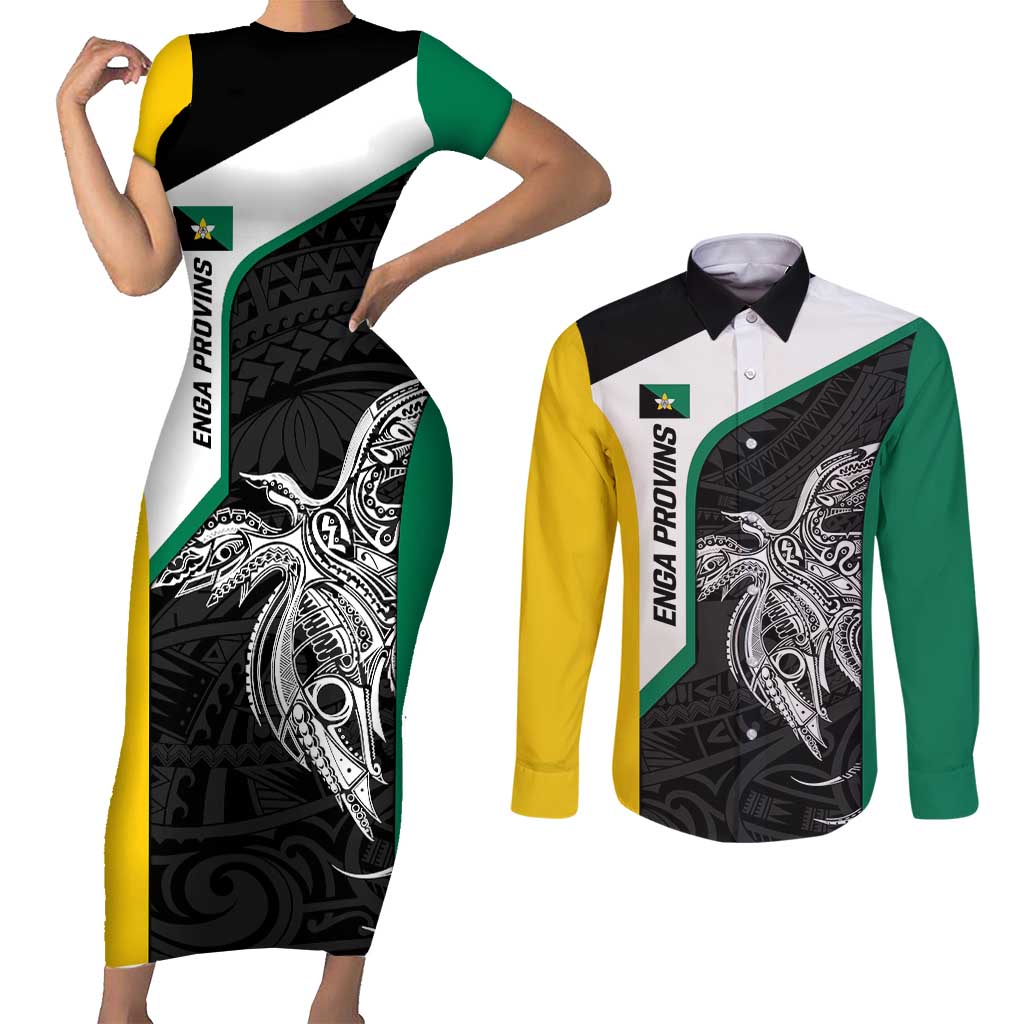 Personalised PNG Enga Province Couples Matching Short Sleeve Bodycon Dress and Long Sleeve Button Shirt Bird of Paradise Tattoo Flag Motif - Polynesian Pride