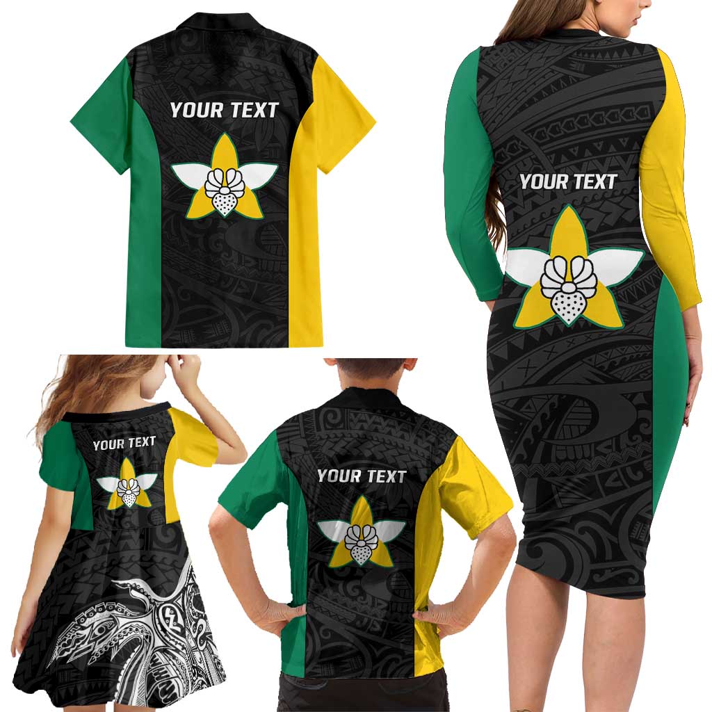 Personalised PNG Enga Province Family Matching Long Sleeve Bodycon Dress and Hawaiian Shirt Bird of Paradise Tattoo Flag Motif - Polynesian Pride