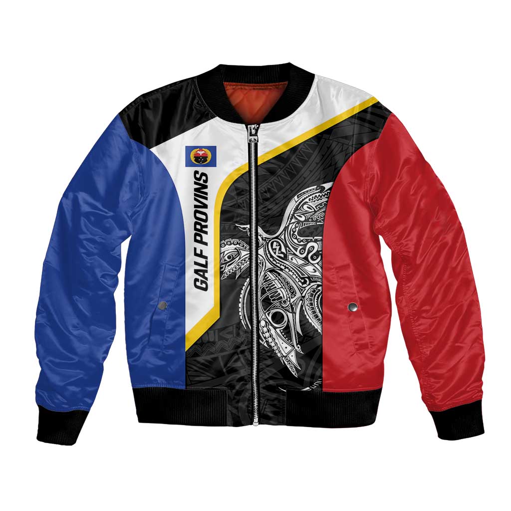 Personalised PNG Gulf Province Bomber Jacket Bird of Paradise Tattoo Flag Motif LT9 Unisex Black - Polynesian Pride