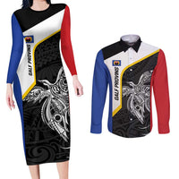 Personalised PNG Gulf Province Couples Matching Long Sleeve Bodycon Dress and Long Sleeve Button Shirt Bird of Paradise Tattoo Flag Motif - Polynesian Pride