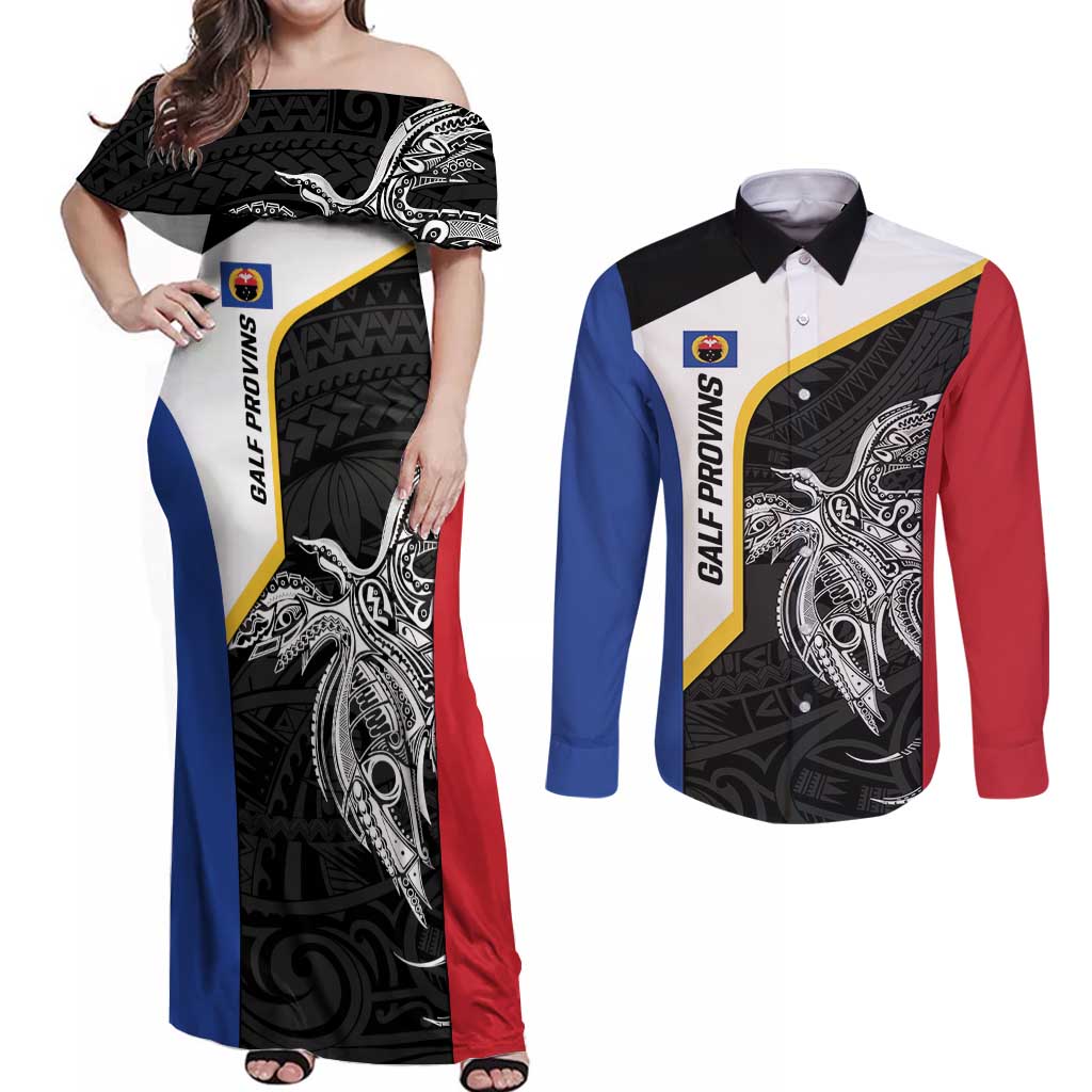 Personalised PNG Gulf Province Couples Matching Off Shoulder Maxi Dress and Long Sleeve Button Shirt Bird of Paradise Tattoo Flag Motif LT9 Black - Polynesian Pride