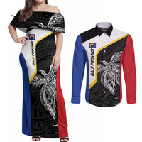 Personalised PNG Gulf Province Couples Matching Off Shoulder Maxi Dress and Long Sleeve Button Shirt Bird of Paradise Tattoo Flag Motif - Polynesian Pride