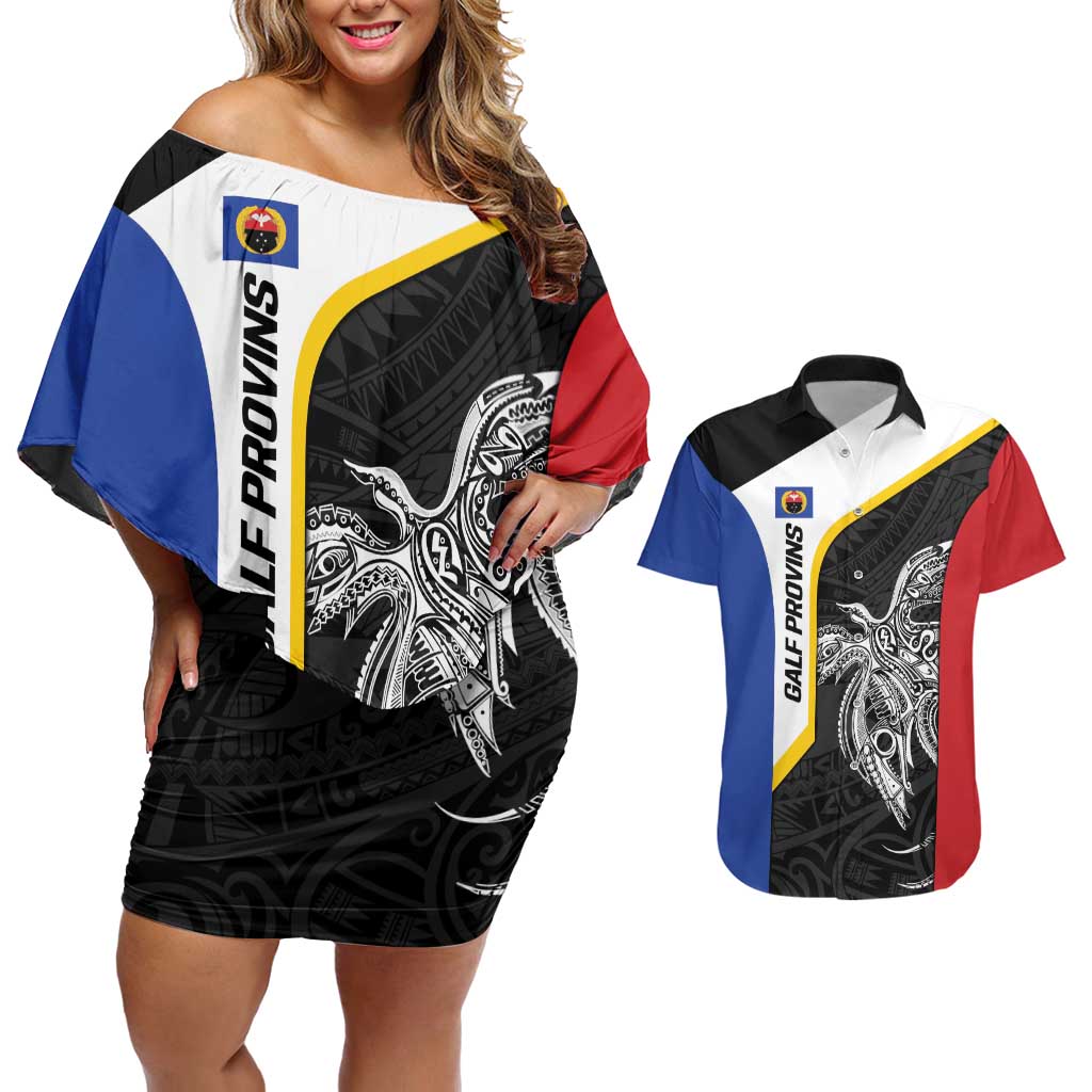 Personalised PNG Gulf Province Couples Matching Off Shoulder Short Dress and Hawaiian Shirt Bird of Paradise Tattoo Flag Motif - Polynesian Pride