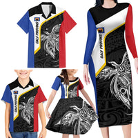 Personalised PNG Gulf Province Family Matching Long Sleeve Bodycon Dress and Hawaiian Shirt Bird of Paradise Tattoo Flag Motif - Polynesian Pride