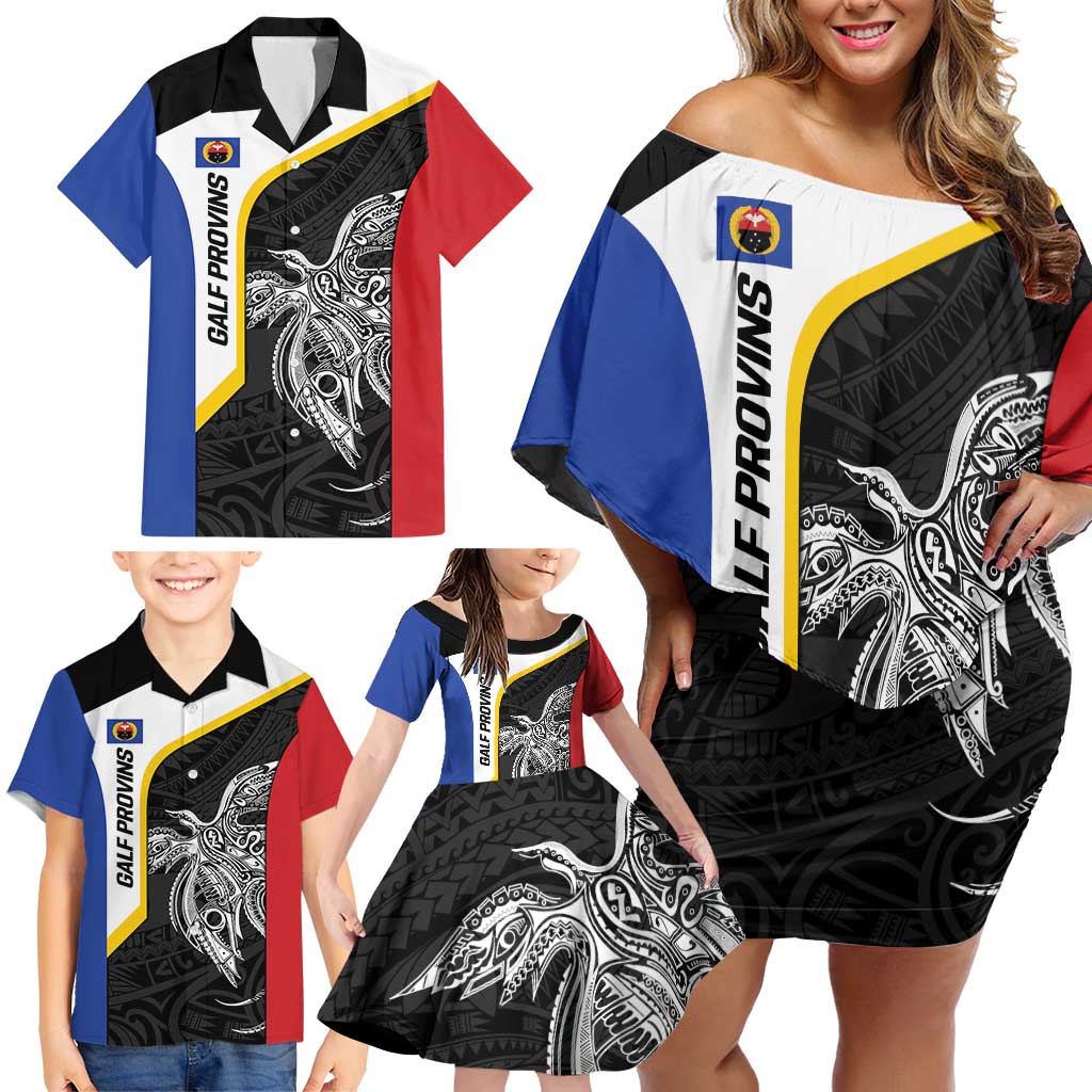 Personalised PNG Gulf Province Family Matching Off Shoulder Short Dress and Hawaiian Shirt Bird of Paradise Tattoo Flag Motif - Polynesian Pride
