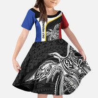 Personalised PNG Gulf Province Family Matching Summer Maxi Dress and Hawaiian Shirt Bird of Paradise Tattoo Flag Motif LT9 Daughter's Dress Black - Polynesian Pride