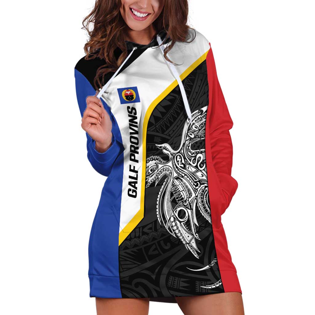 Personalised PNG Gulf Province Hoodie Dress Bird of Paradise Tattoo Flag Motif - Polynesian Pride
