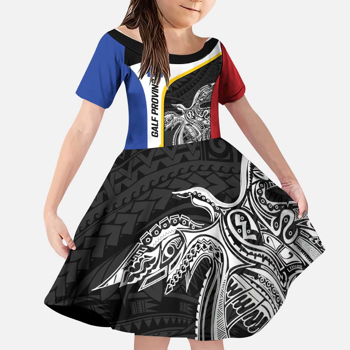 Personalised PNG Gulf Province Kid Short Sleeve Dress Bird of Paradise Tattoo Flag Motif - Polynesian Pride