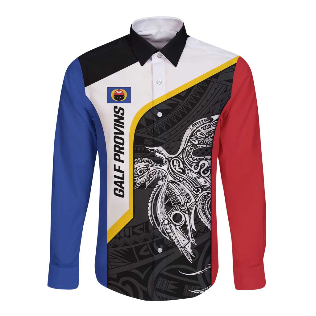 Personalised PNG Gulf Province Long Sleeve Button Shirt Bird of Paradise Tattoo Flag Motif LT9 Unisex Black - Polynesian Pride