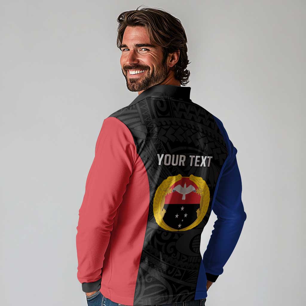 Personalised PNG Gulf Province Long Sleeve Polo Shirt Bird of Paradise Tattoo Flag Motif - Polynesian Pride