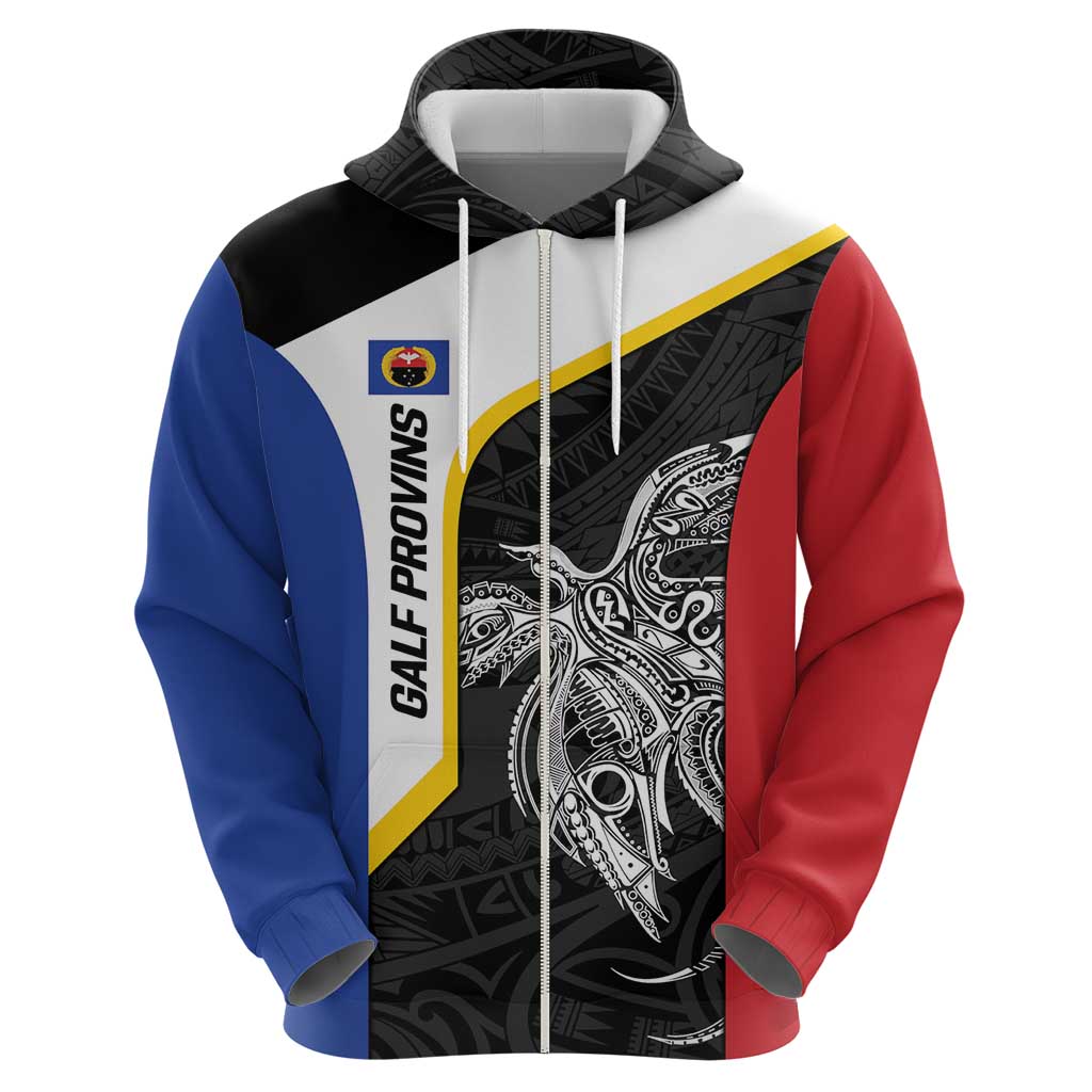 Personalised PNG Gulf Province Zip Hoodie Bird of Paradise Tattoo Flag Motif - Polynesian Pride