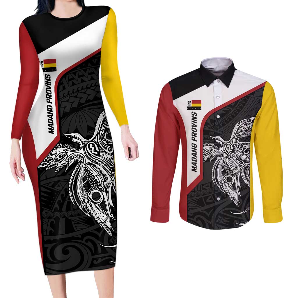 Personalised PNG Madang Province Couples Matching Long Sleeve Bodycon Dress and Long Sleeve Button Shirt Bird of Paradise Tattoo Flag Motif LT9 Yellow - Polynesian Pride