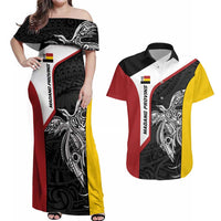 Personalised PNG Madang Province Couples Matching Off Shoulder Maxi Dress and Hawaiian Shirt Bird of Paradise Tattoo Flag Motif - Polynesian Pride