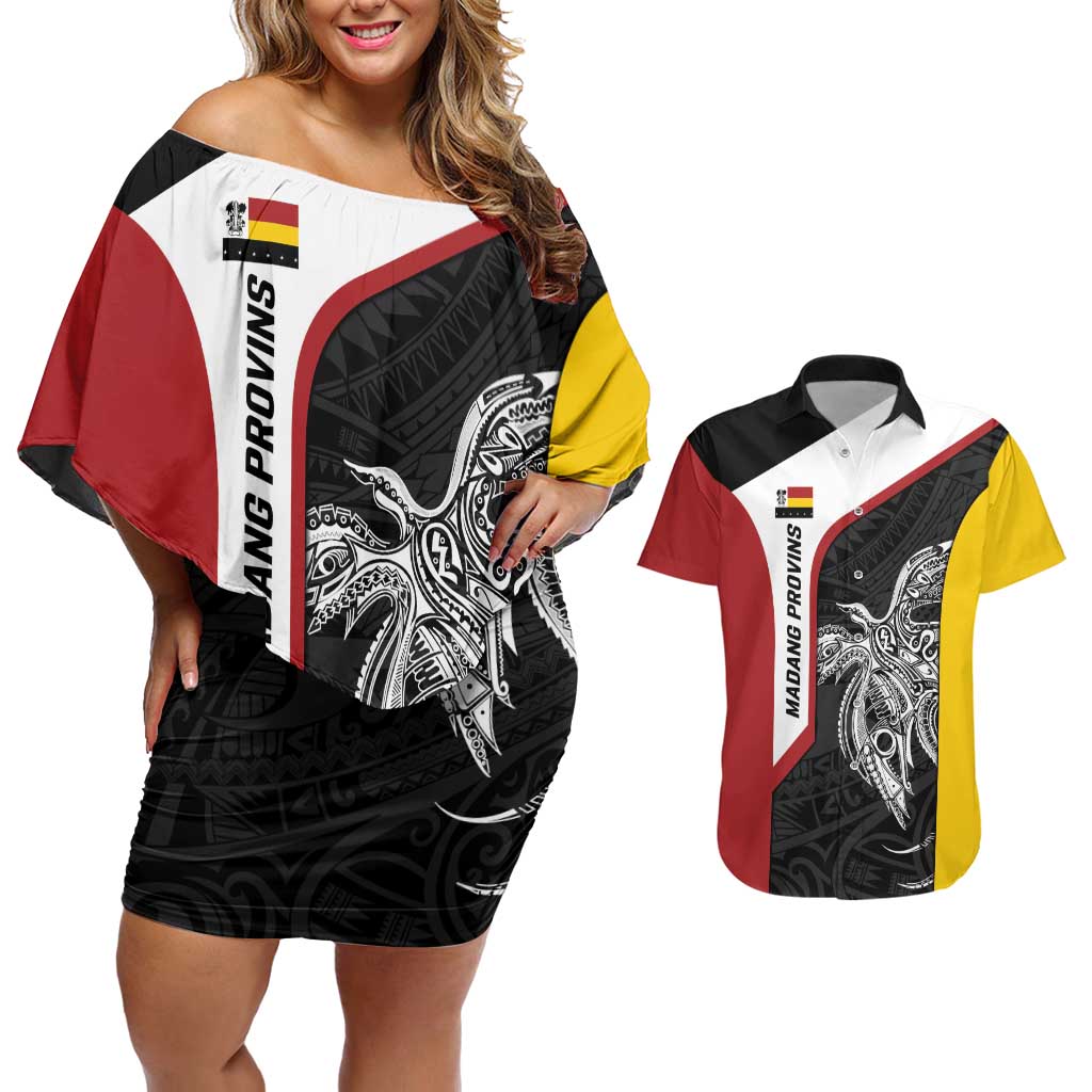 Personalised PNG Madang Province Couples Matching Off Shoulder Short Dress and Hawaiian Shirt Bird of Paradise Tattoo Flag Motif - Polynesian Pride