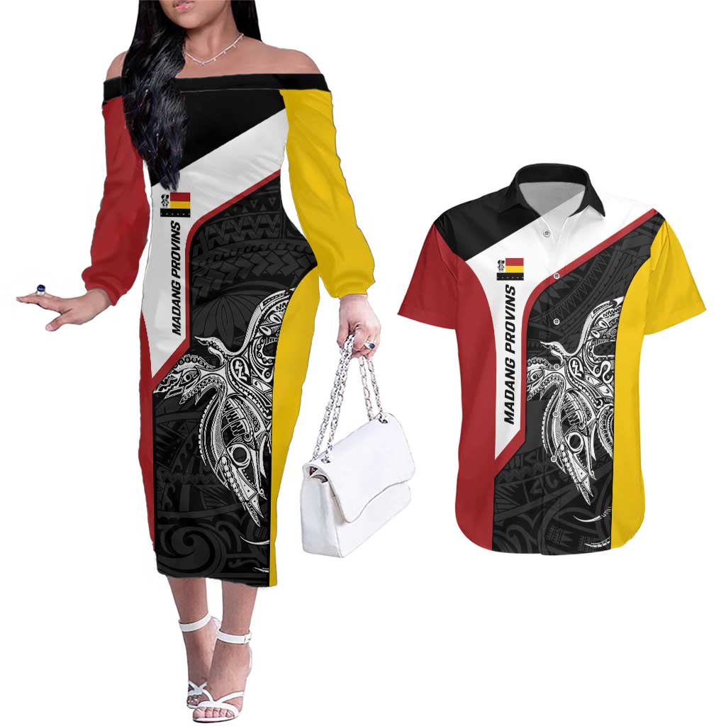 Personalised PNG Madang Province Couples Matching Off The Shoulder Long Sleeve Dress and Hawaiian Shirt Bird of Paradise Tattoo Flag Motif - Polynesian Pride