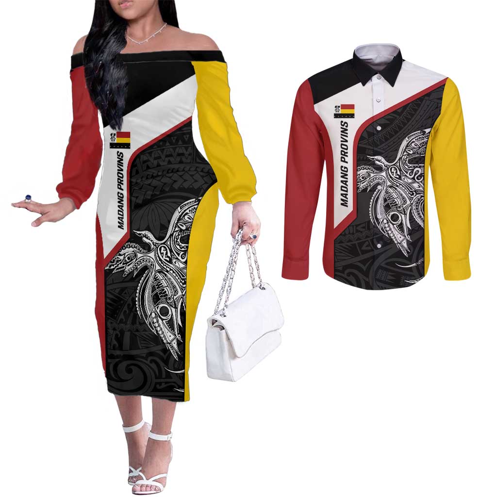 Personalised PNG Madang Province Couples Matching Off The Shoulder Long Sleeve Dress and Long Sleeve Button Shirt Bird of Paradise Tattoo Flag Motif LT9 Yellow - Polynesian Pride