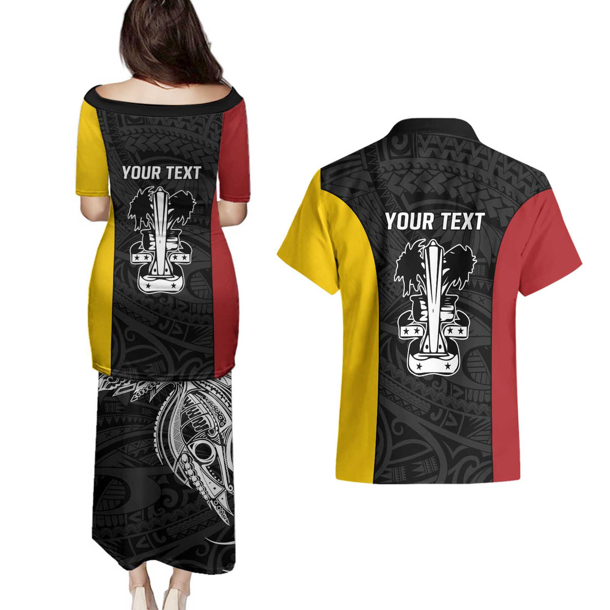 Personalised PNG Madang Province Couples Matching Puletasi and Hawaiian Shirt Bird of Paradise Tattoo Flag Motif - Polynesian Pride