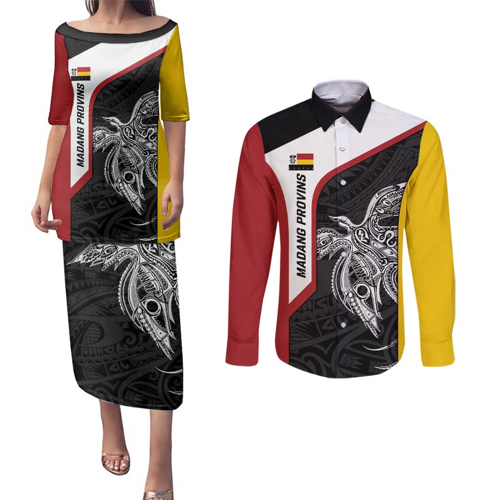 Personalised PNG Madang Province Couples Matching Puletasi and Long Sleeve Button Shirt Bird of Paradise Tattoo Flag Motif LT9 Yellow - Polynesian Pride