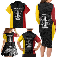 Personalised PNG Madang Province Family Matching Long Sleeve Bodycon Dress and Hawaiian Shirt Bird of Paradise Tattoo Flag Motif - Polynesian Pride