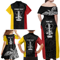 Personalised PNG Madang Province Family Matching Off Shoulder Maxi Dress and Hawaiian Shirt Bird of Paradise Tattoo Flag Motif - Polynesian Pride