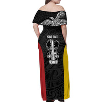 Personalised PNG Madang Province Family Matching Off Shoulder Maxi Dress and Hawaiian Shirt Bird of Paradise Tattoo Flag Motif - Polynesian Pride