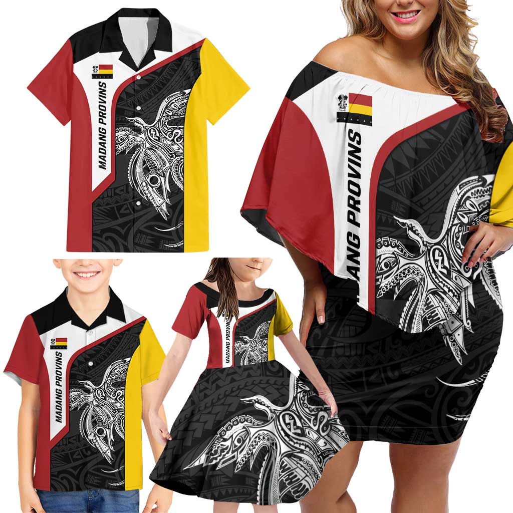Personalised PNG Madang Province Family Matching Off Shoulder Short Dress and Hawaiian Shirt Bird of Paradise Tattoo Flag Motif - Polynesian Pride