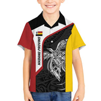 Personalised PNG Madang Province Family Matching Off Shoulder Short Dress and Hawaiian Shirt Bird of Paradise Tattoo Flag Motif LT9 Son's Shirt Yellow - Polynesian Pride