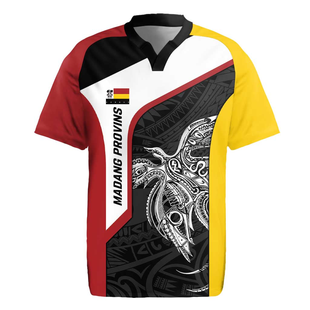 Personalised PNG Madang Province Rugby Jersey Bird of Paradise Tattoo Flag Motif - Polynesian Pride