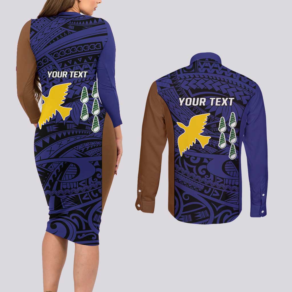 Personalised PNG Manus Province Couples Matching Long Sleeve Bodycon Dress and Long Sleeve Button Shirt Bird of Paradise Tattoo Flag Motif - Polynesian Pride