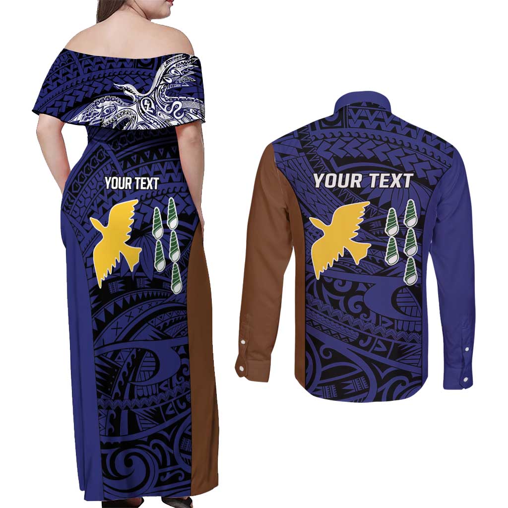 Personalised PNG Manus Province Couples Matching Off Shoulder Maxi Dress and Long Sleeve Button Shirt Bird of Paradise Tattoo Flag Motif - Polynesian Pride