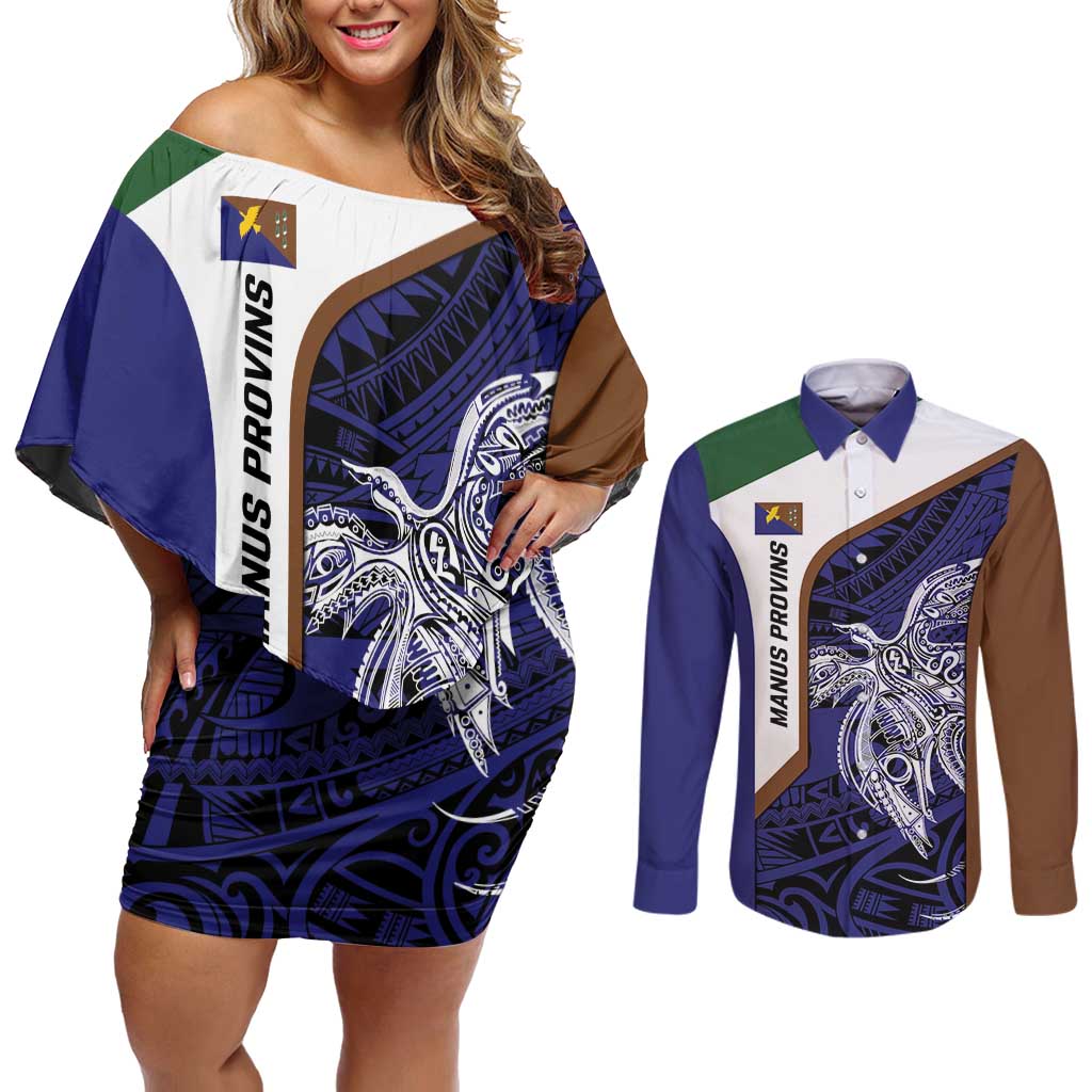 Personalised PNG Manus Province Couples Matching Off Shoulder Short Dress and Long Sleeve Button Shirt Bird of Paradise Tattoo Flag Motif - Polynesian Pride